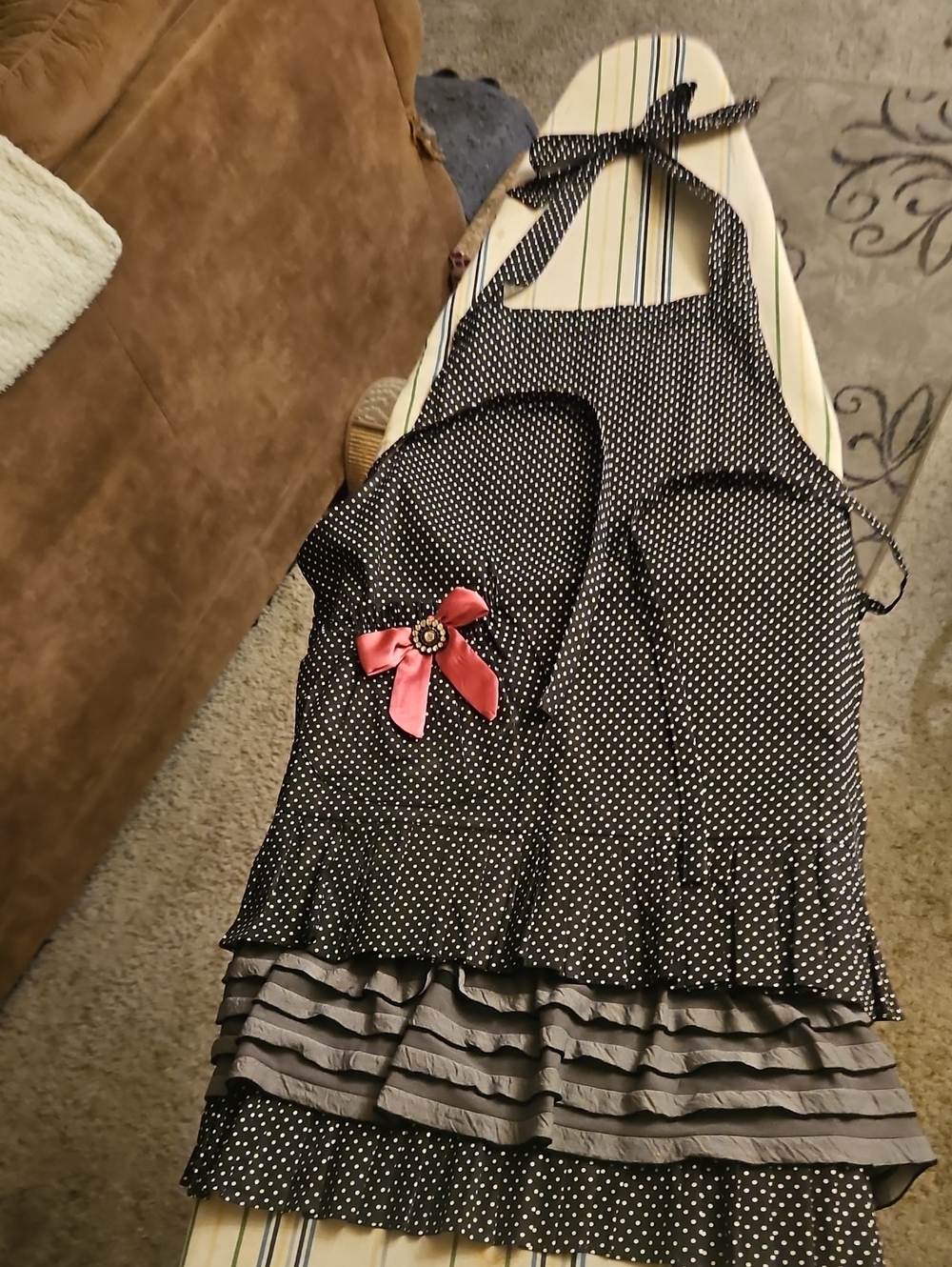 Black Polka Dot Ruffle Apron with Pink Bow